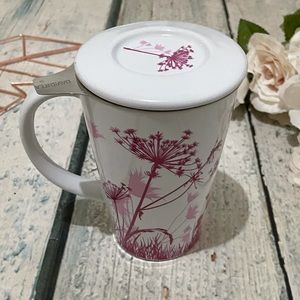 David’s tea perfect mug pink dandelion floral flowers white lid infuser ceramic